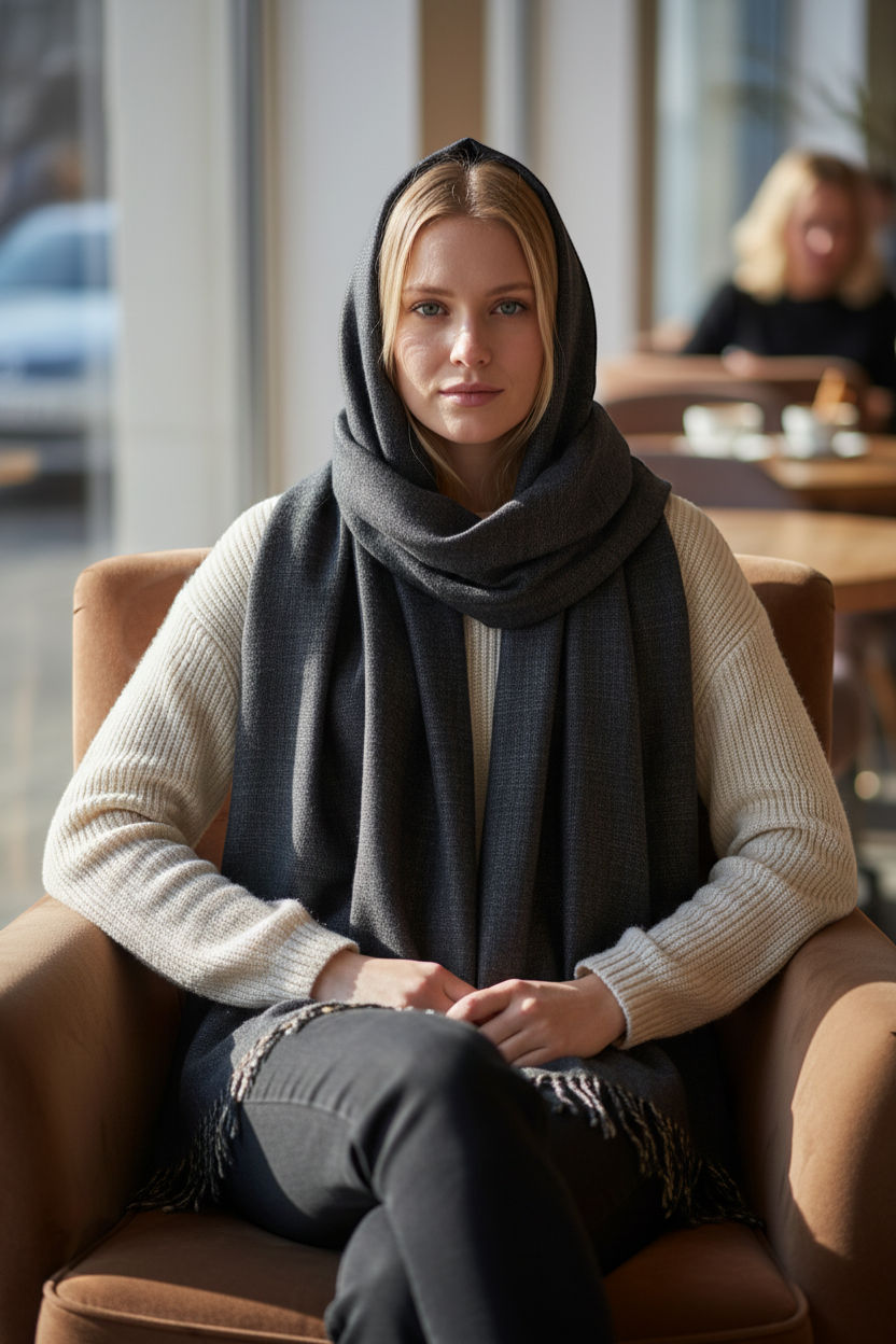 Khaki Black Fine Check Wool Scarf